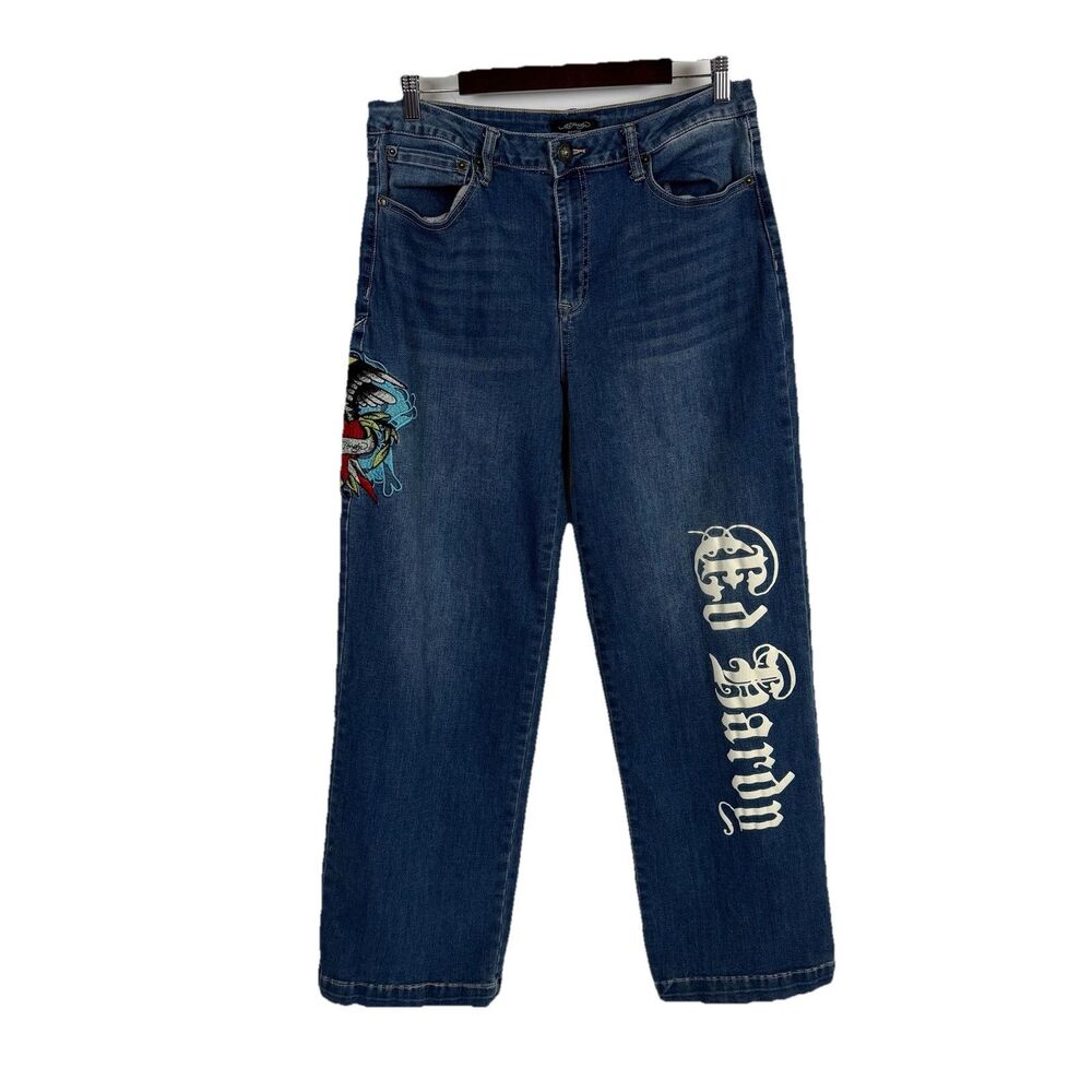 Ed Hardy Jeans Women's Size 32 Blue Wide Leg Embroidered Tattoo Print WEHD8300-3